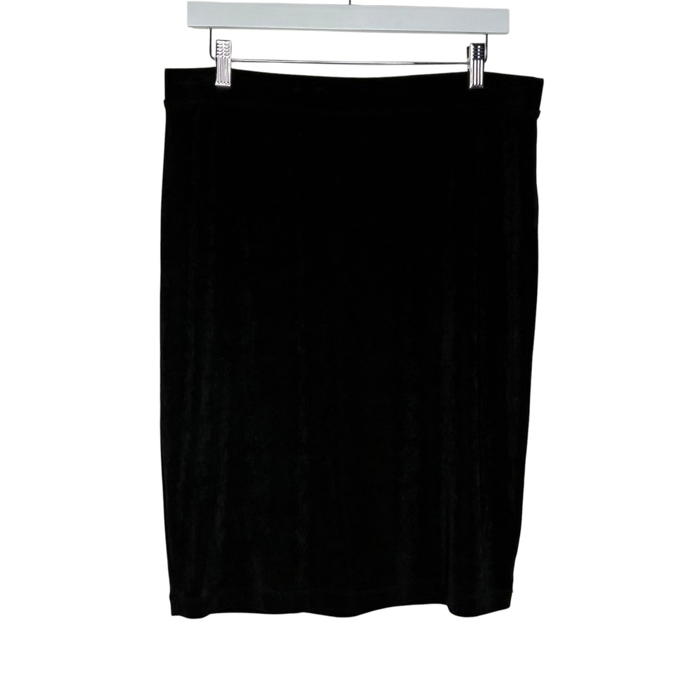 Chicos Traveler Sz 2 Petite Large Black Slinky Knit Pencil Skirt Pull On Travel